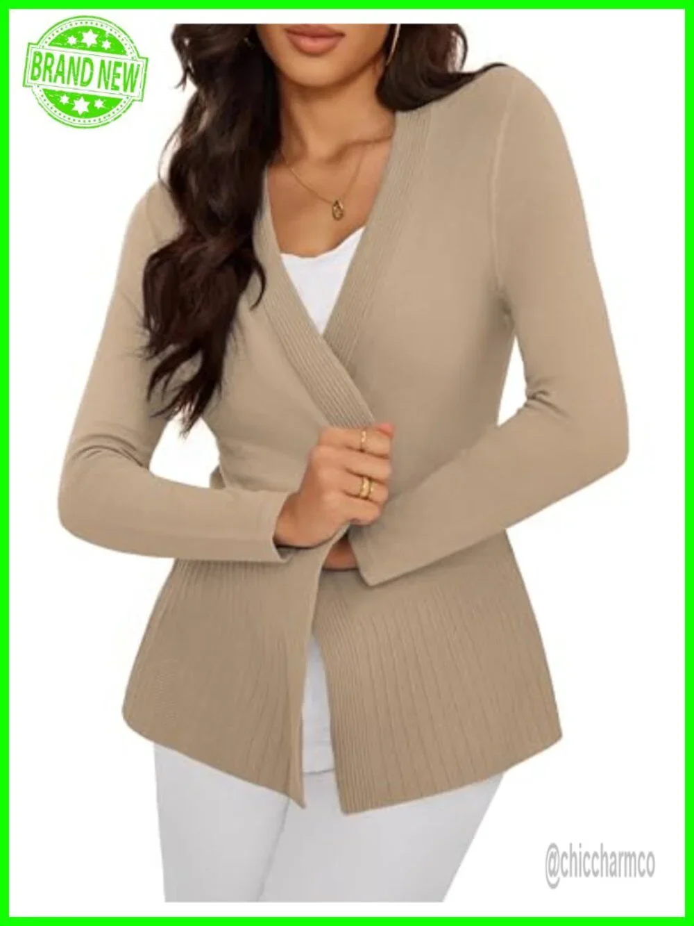 Viscose Blend Ribbed Knit Open Front Cardigan Sweater Business Casual Office
